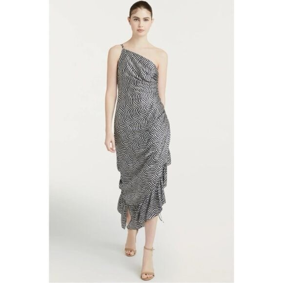 New CINQ À SEPT Christel One-shoulder Asymmetric Silk Midi Dress In Ivory/ Navy - Picture 3 of 15